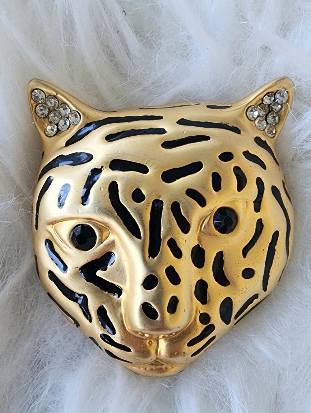Gold Leopard Head Brooch with Black Enamel and Rhinestones